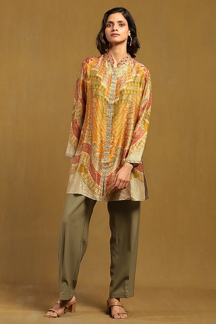 Rust & Olive Green Murshidabad Silk Embroidered Kurta by Ritu Kumar at Pernia's Pop Up Shop