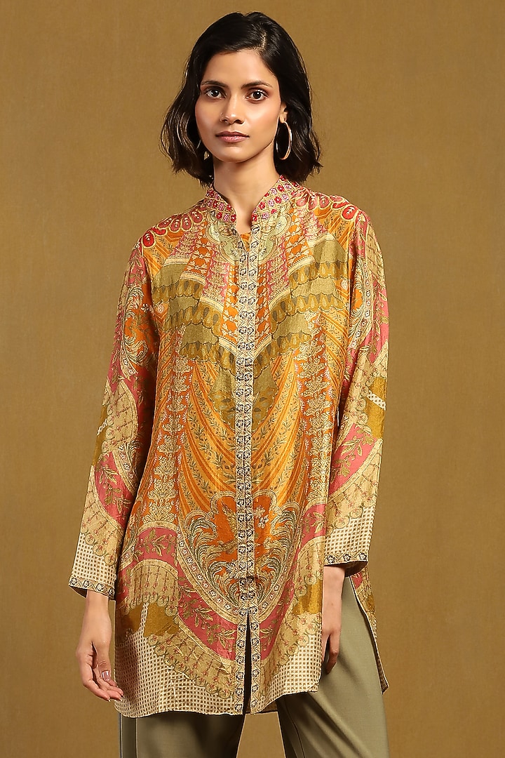 Rust & Olive Green Murshidabad Silk Embroidered Kurta by Ritu Kumar at Pernia's Pop Up Shop