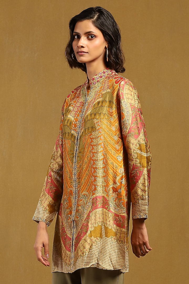 Rust & Olive Green Murshidabad Silk Embroidered Kurta by Ritu Kumar at Pernia's Pop Up Shop