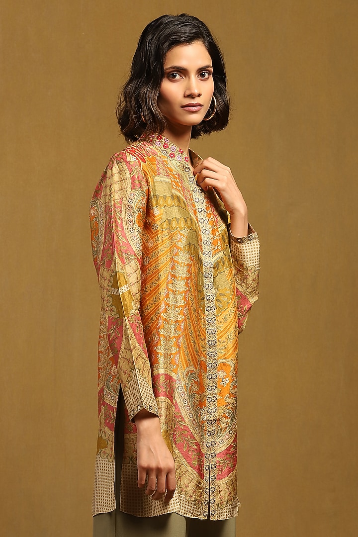 Rust & Olive Green Murshidabad Silk Embroidered Kurta by Ritu Kumar at Pernia's Pop Up Shop
