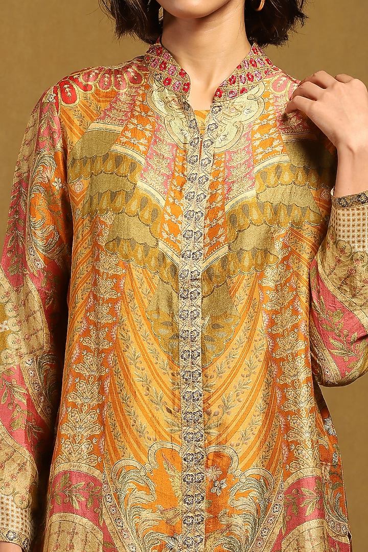 Rust & Olive Green Murshidabad Silk Embroidered Kurta by Ritu Kumar at Pernia's Pop Up Shop