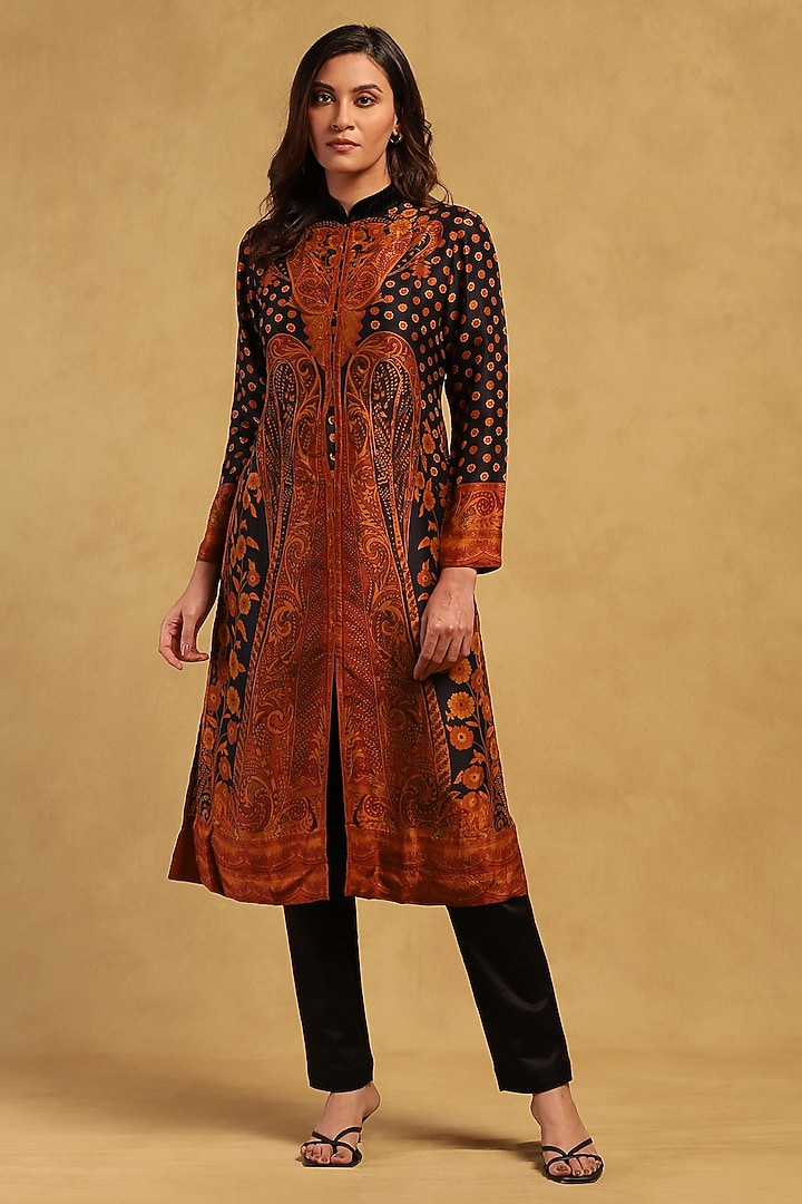 Black & Rust Silk Flat Dupion Embroidered Kurta Set by Ritu Kumar at Pernia's Pop Up Shop
