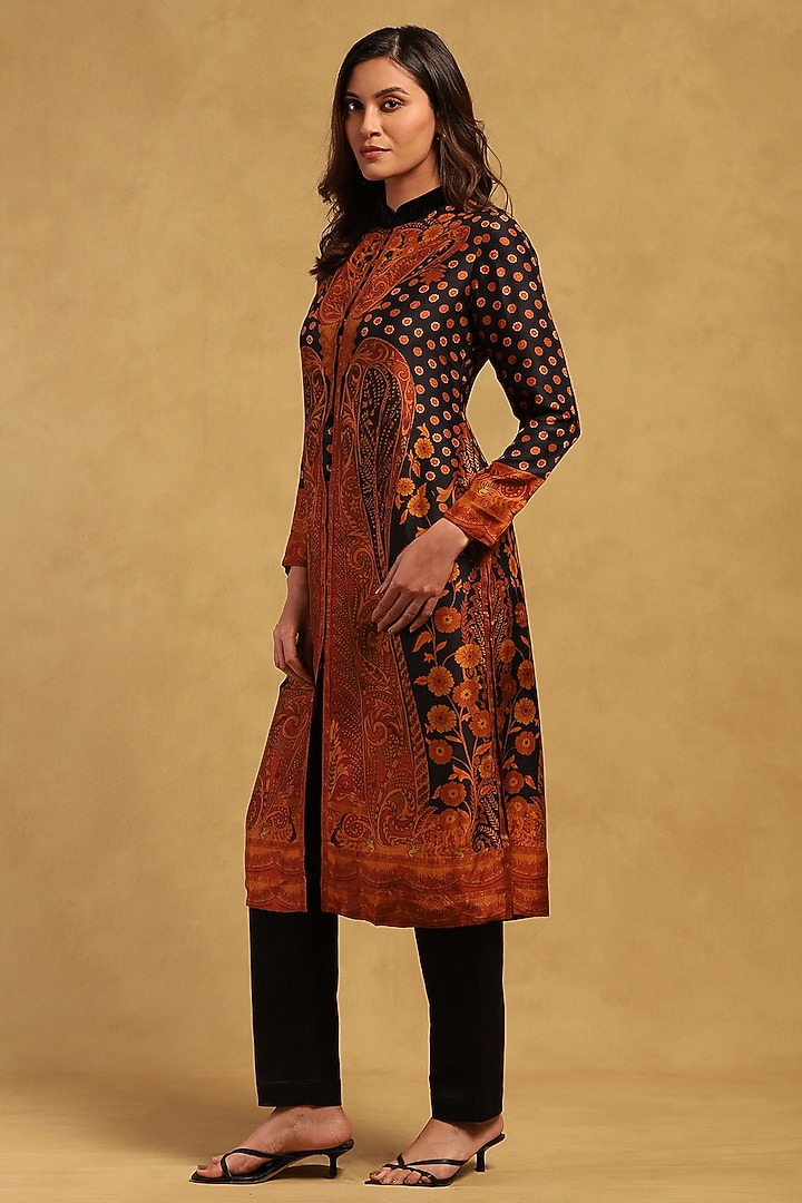 Black & Rust Silk Flat Dupion Embroidered Kurta Set by Ritu Kumar at Pernia's Pop Up Shop