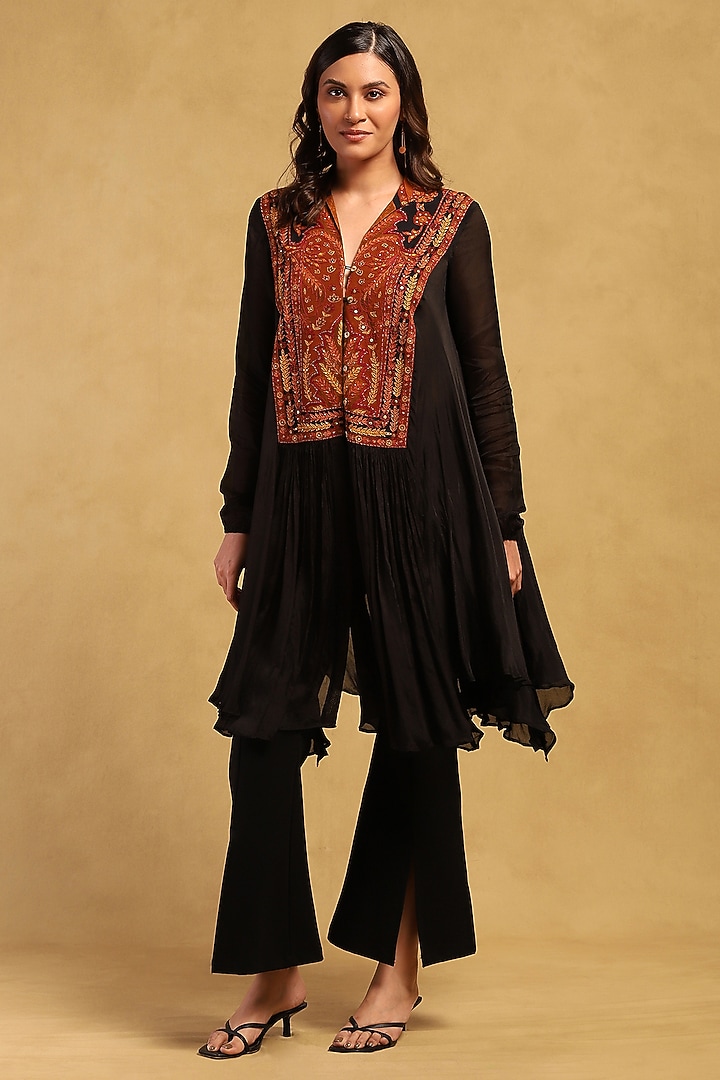 Black & Rust Viscose Chinon Hand Embroidered Kurta Set by Ritu Kumar at Pernia's Pop Up Shop