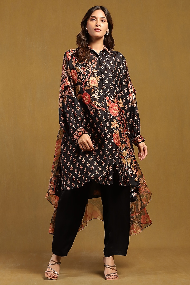 Black & Multi-Colored Murshidabad Silk Printed Kurta by Ritu Kumar at Pernia's Pop Up Shop