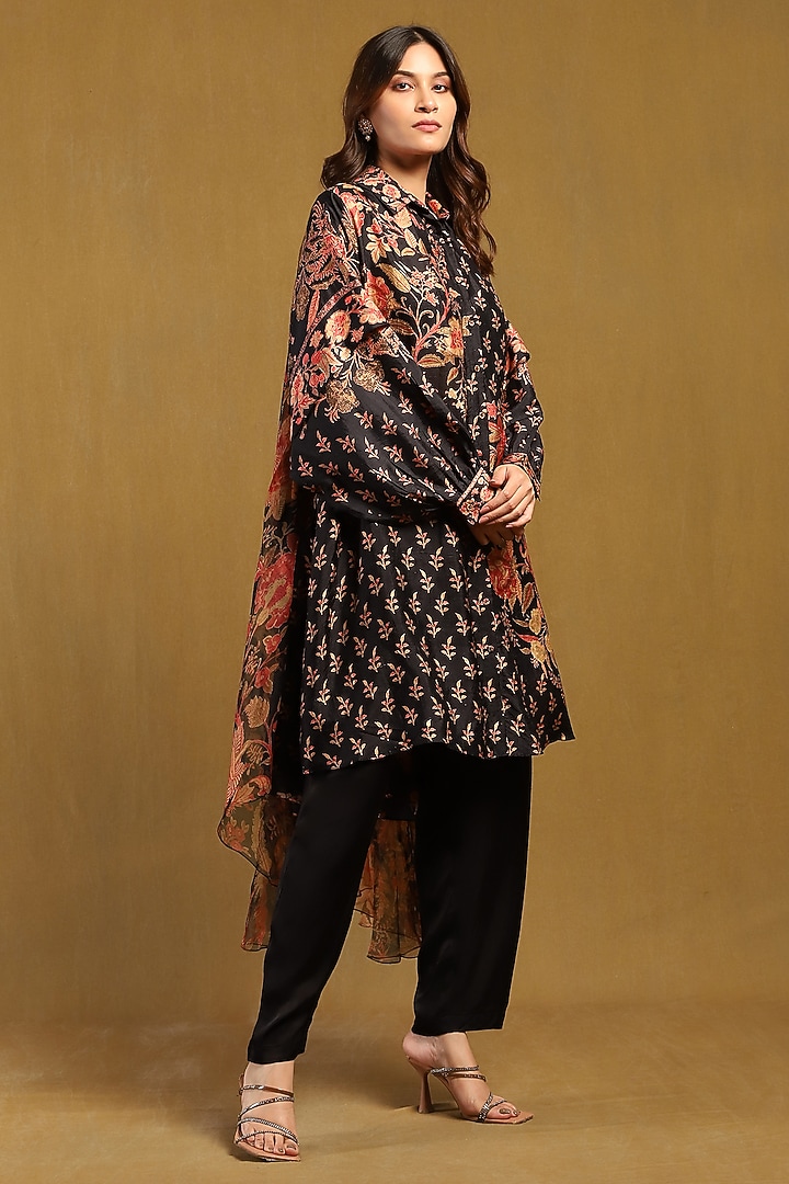 Black & Multi-Colored Murshidabad Silk Printed Kurta by Ritu Kumar at Pernia's Pop Up Shop