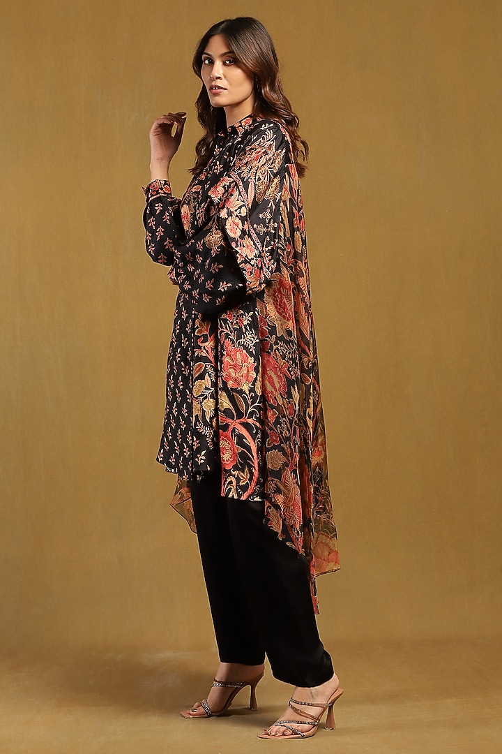 Black & Multi-Colored Murshidabad Silk Printed Kurta by Ritu Kumar at Pernia's Pop Up Shop
