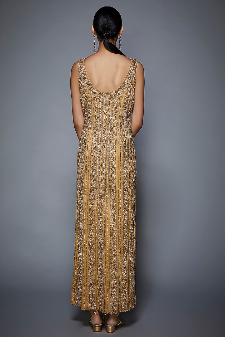 Golden Embroidered Cocktail Party Wear Dress by Ri Ritu Kumar at Pernia's Pop Up Shop
