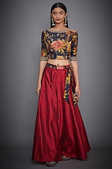 Black Embroidered Blouse With Burgundy Pants Design by Ri Ritu Kumar at ...