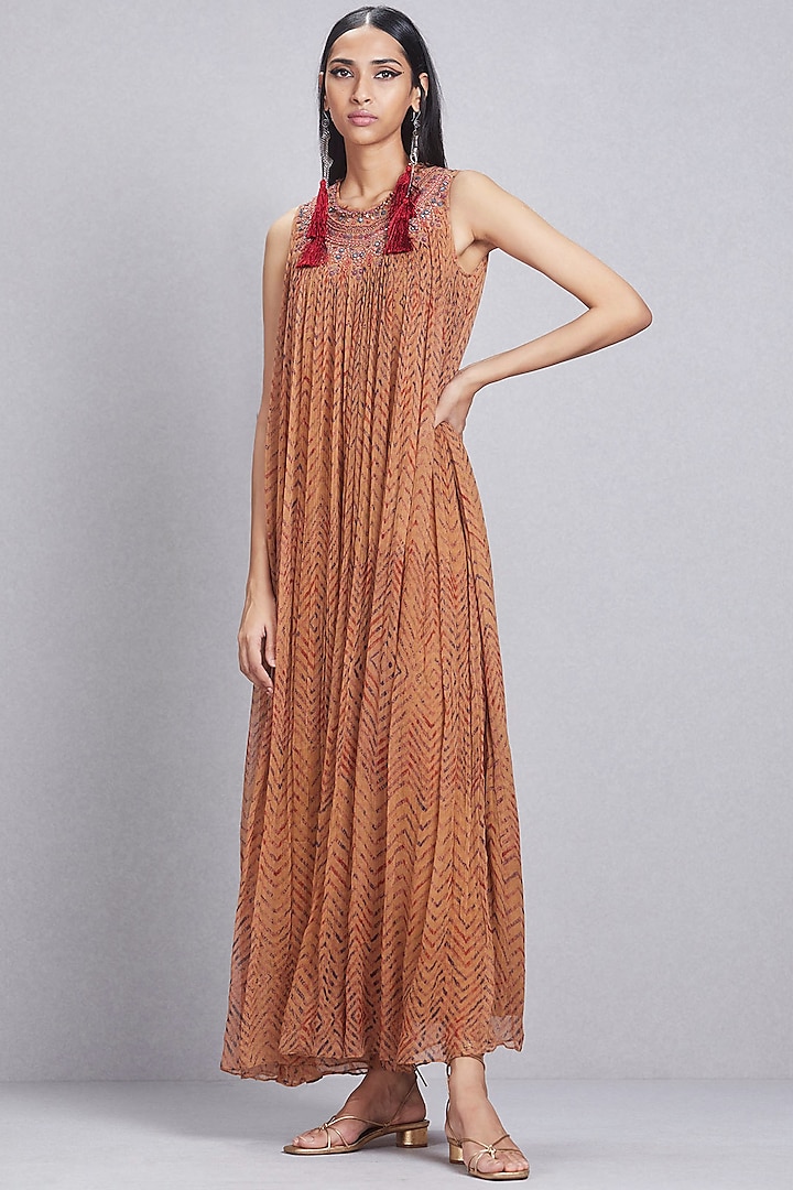 Beige Printed Sleeveless Dress by Ritu Kumar
