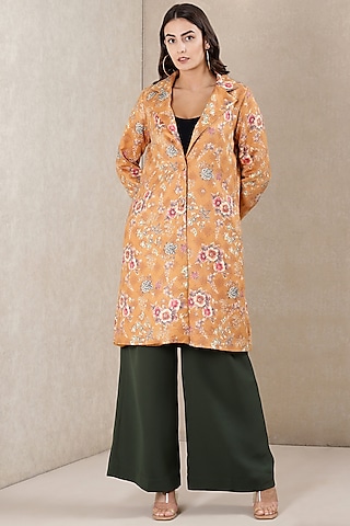 Mustard Printed Long Jacket by Ritu Kumar