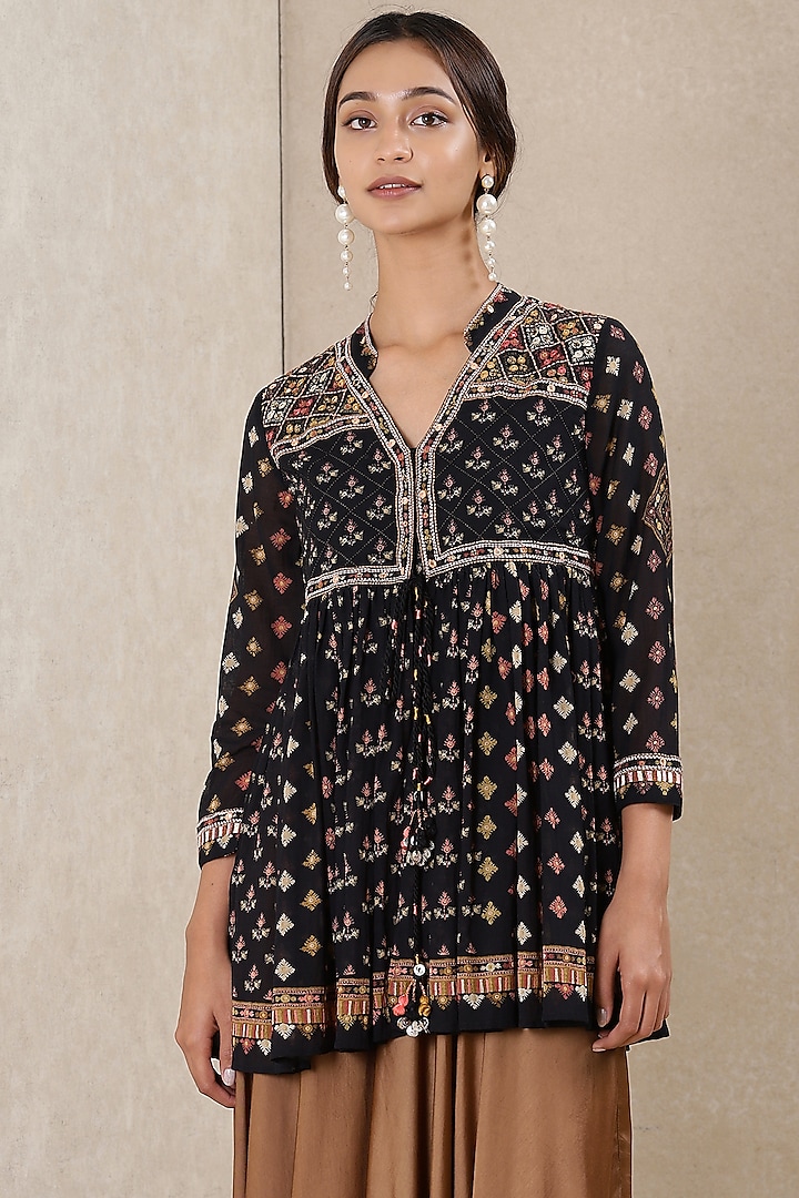 Black Printed Short Tunic by Ritu Kumar at Pernia's Pop Up Shop