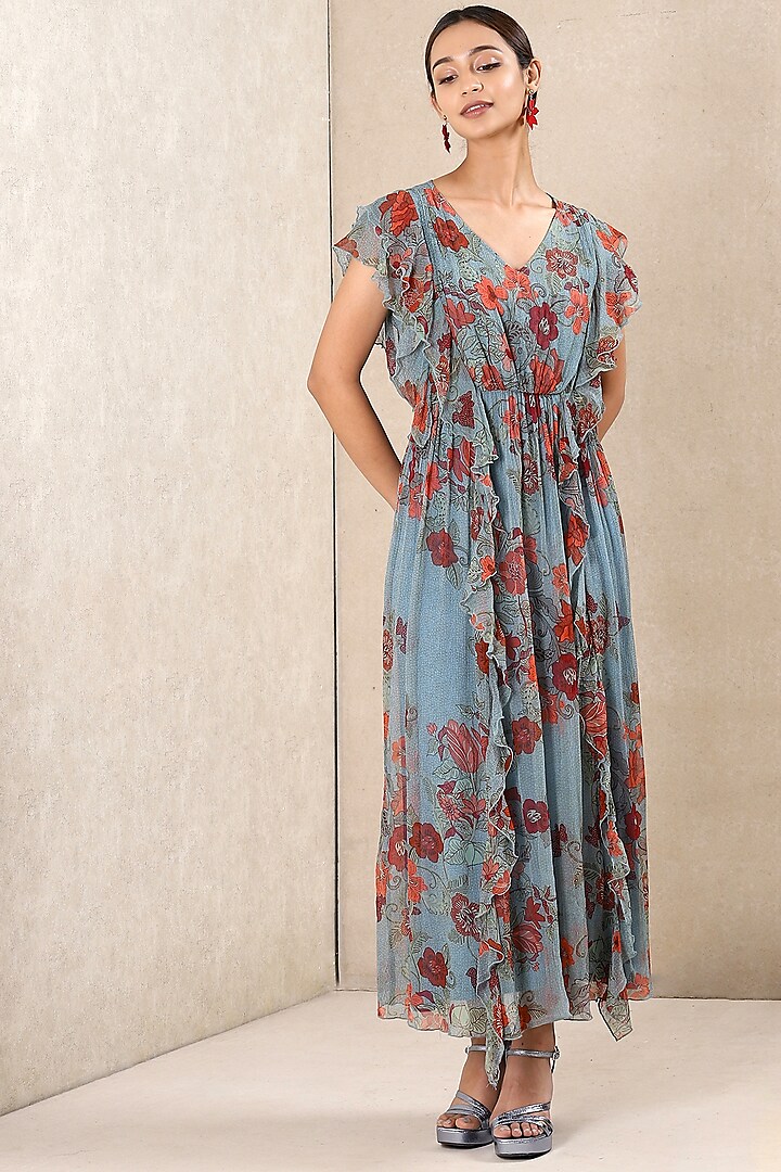 Dusty Blue Floral Printed Dress by Ritu Kumar