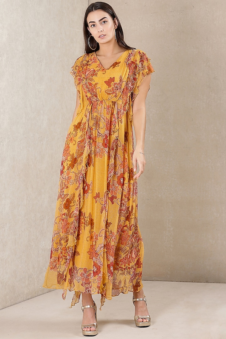 Mustard Floral Printed Dress by Ritu Kumar