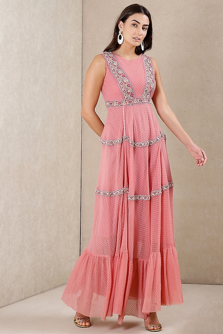 Blush Embroidered Tiered Dress by Ritu Kumar