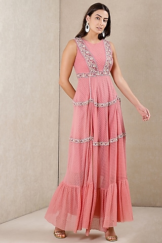 Blush Embroidered Tiered Dress by Ritu Kumar