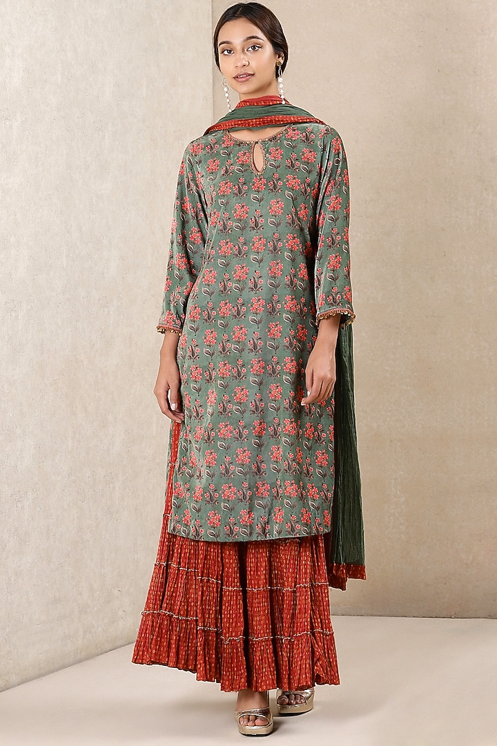 Sage Green & Orange Party Wear Sharara Set by Ritu Kumar at Pernia's Pop Up Shop