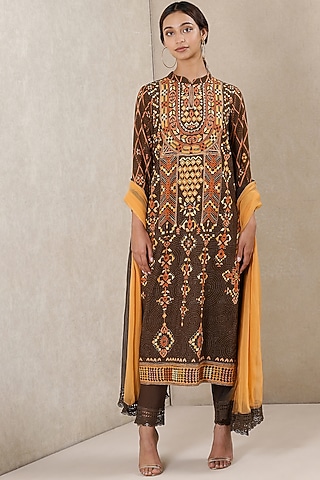 Chocolate Brown Printed Kurta Set by Ritu Kumar