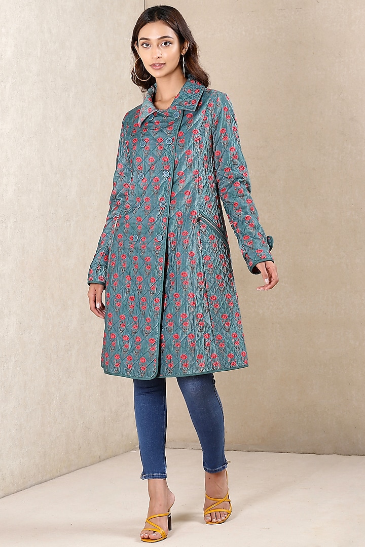 Teal Blue Floral Printed Jacket by Ritu Kumar