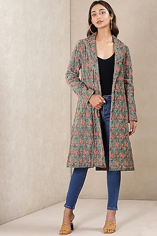 Hedge Green Floral Printed Jacket by Ritu Kumar