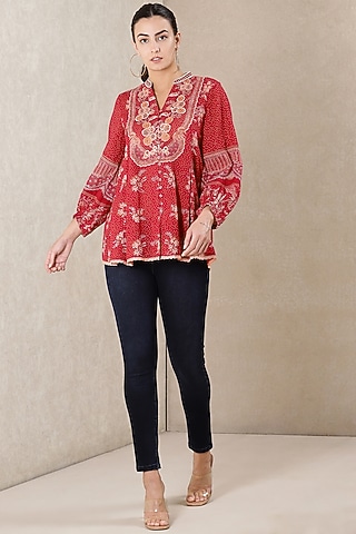 Fiery Red Floral Printed Top by Ritu Kumar