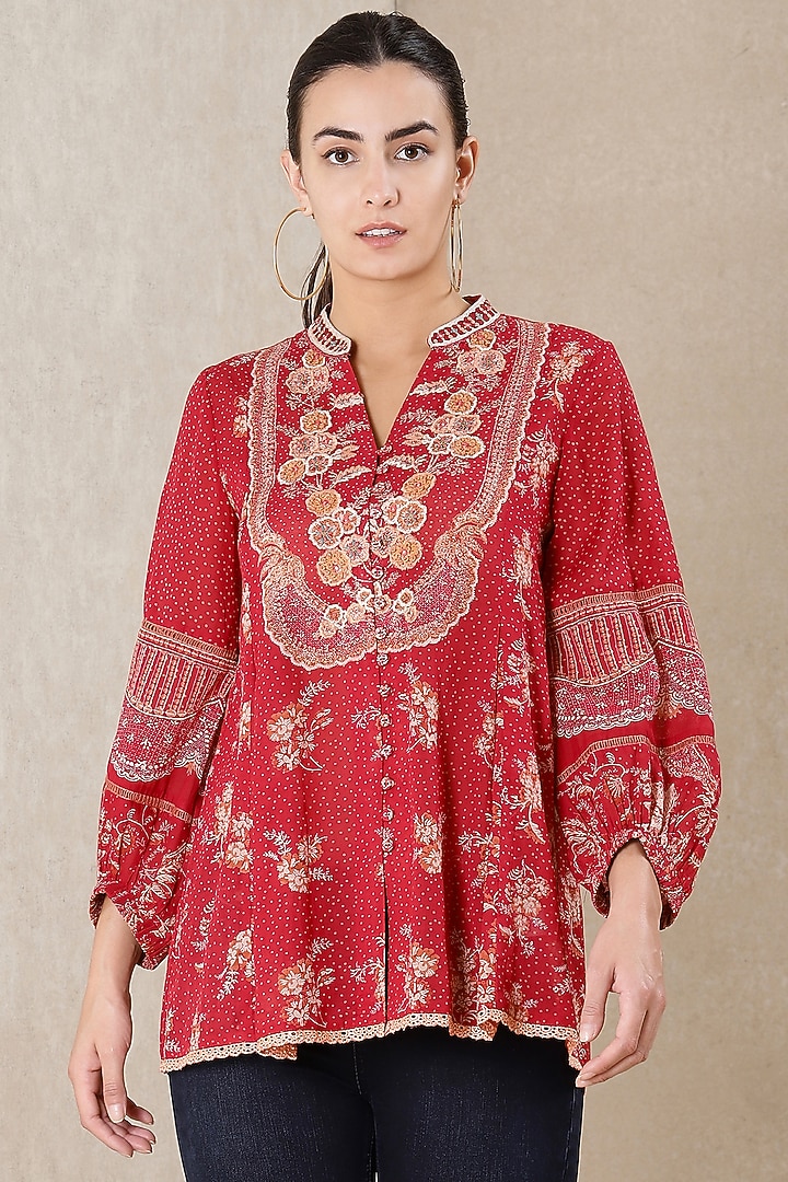 Fiery Red Floral Printed Top by Ritu Kumar at Pernia's Pop Up Shop