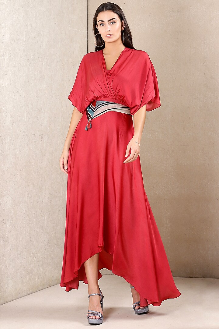 Fiery Red Dehri Satin Dress With Printed Scarf by Ritu Kumar at Pernia's Pop Up Shop