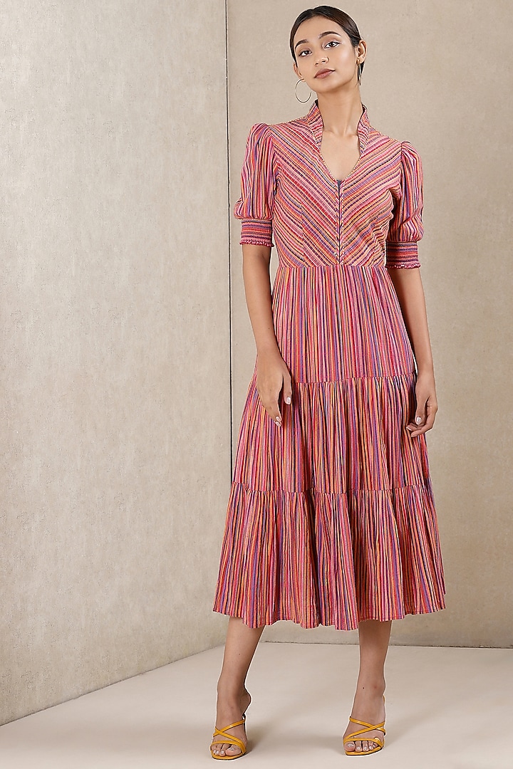 Baby Pink Dyed Cotton Striped Dress by Ritu Kumar at Pernia's Pop Up Shop