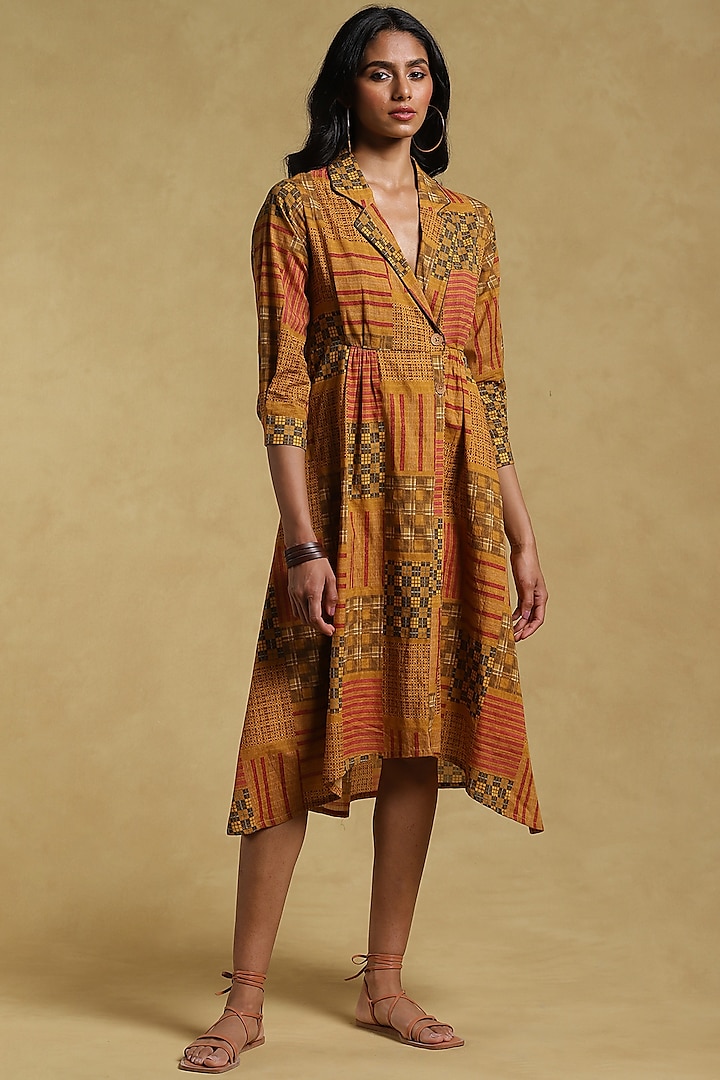 Mustard Printed Wrap Dress by Ritu Kumar at Pernia's Pop Up Shop