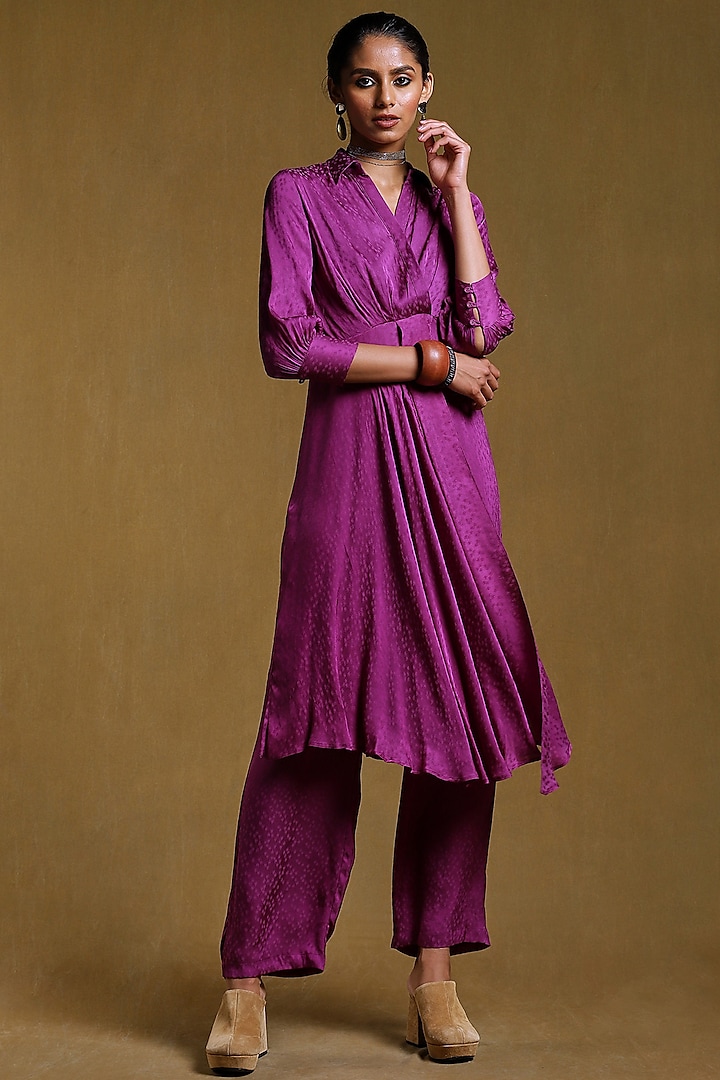 Purple Viscose Dobby Textured Kurta Set by Ritu Kumar