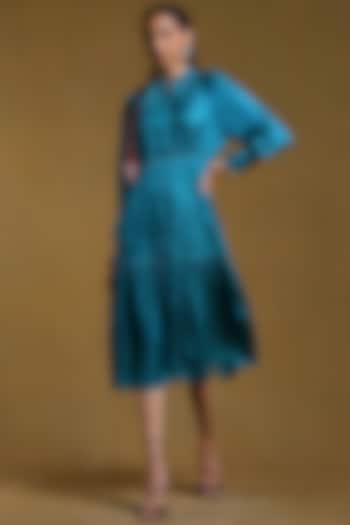 Teal Satin Tiered Midi Dress by Ritu Kumar