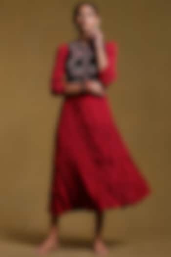 Burgundy Viscose Silk Jacket Dress by Ritu Kumar