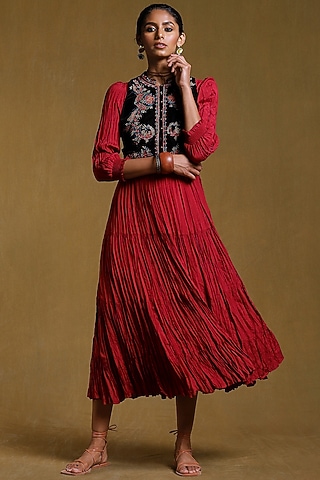 Burgundy Viscose Silk Crinkled Midi Dress With Jacket by Ritu Kumar