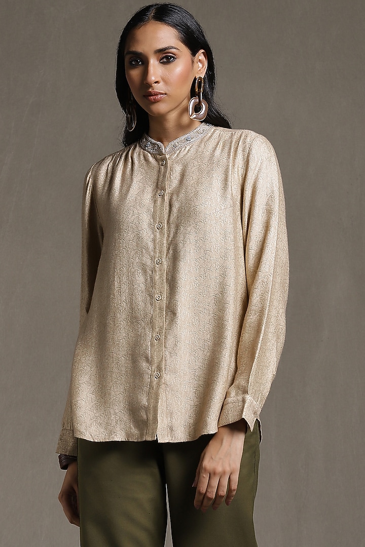 Beige Tanchoi Silk Textured Shirt by Ritu Kumar at Pernia's Pop Up Shop