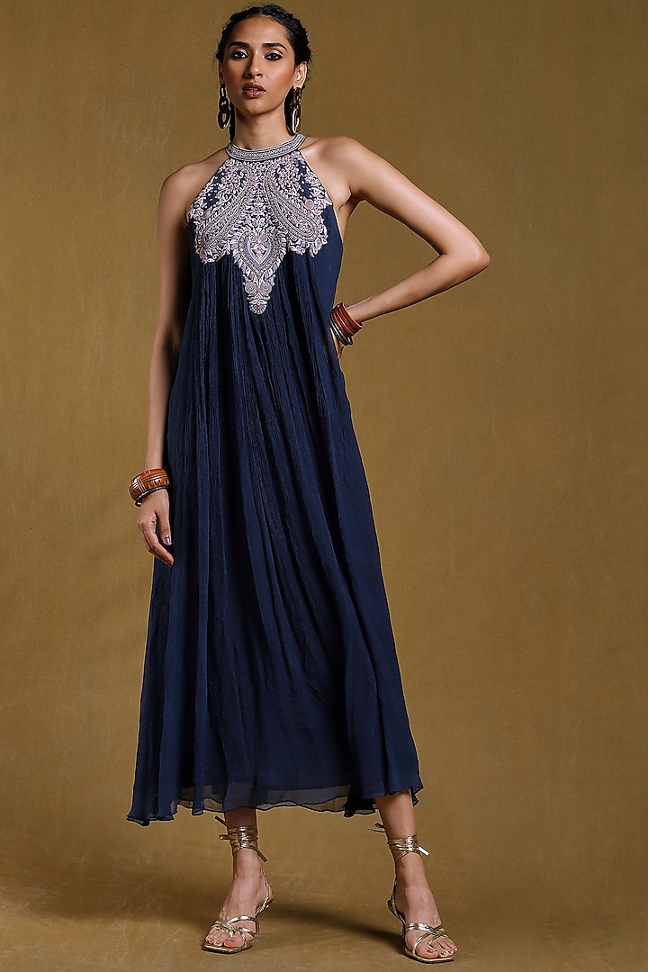 Blue Embroidered Maxi Dress by Ritu Kumar