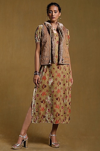 Brown Fur Embroidered Jacket by Ritu Kumar