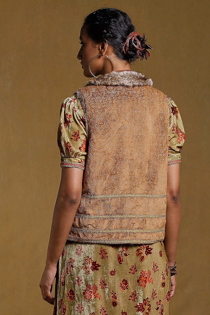 Brown Fur Embroidered Jacket by Ritu Kumar at Pernia's Pop Up Shop