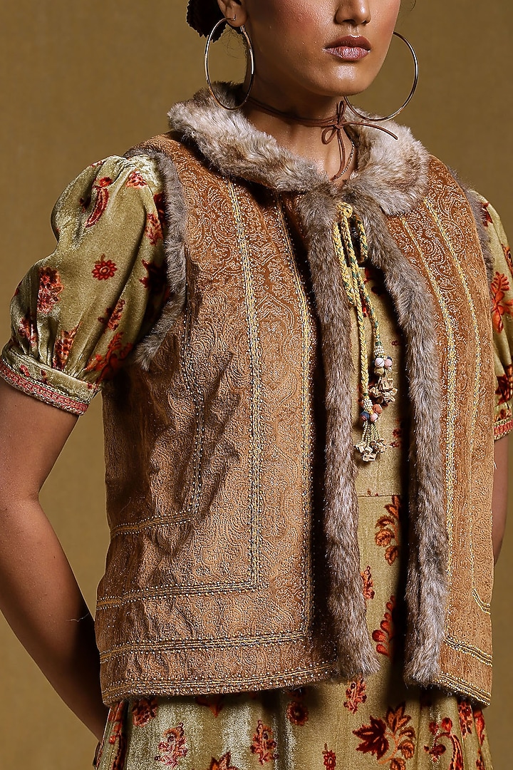 Brown Fur Embroidered Jacket by Ritu Kumar at Pernia's Pop Up Shop