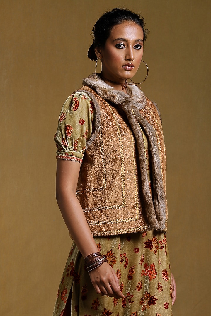 Brown Fur Embroidered Jacket by Ritu Kumar at Pernia's Pop Up Shop
