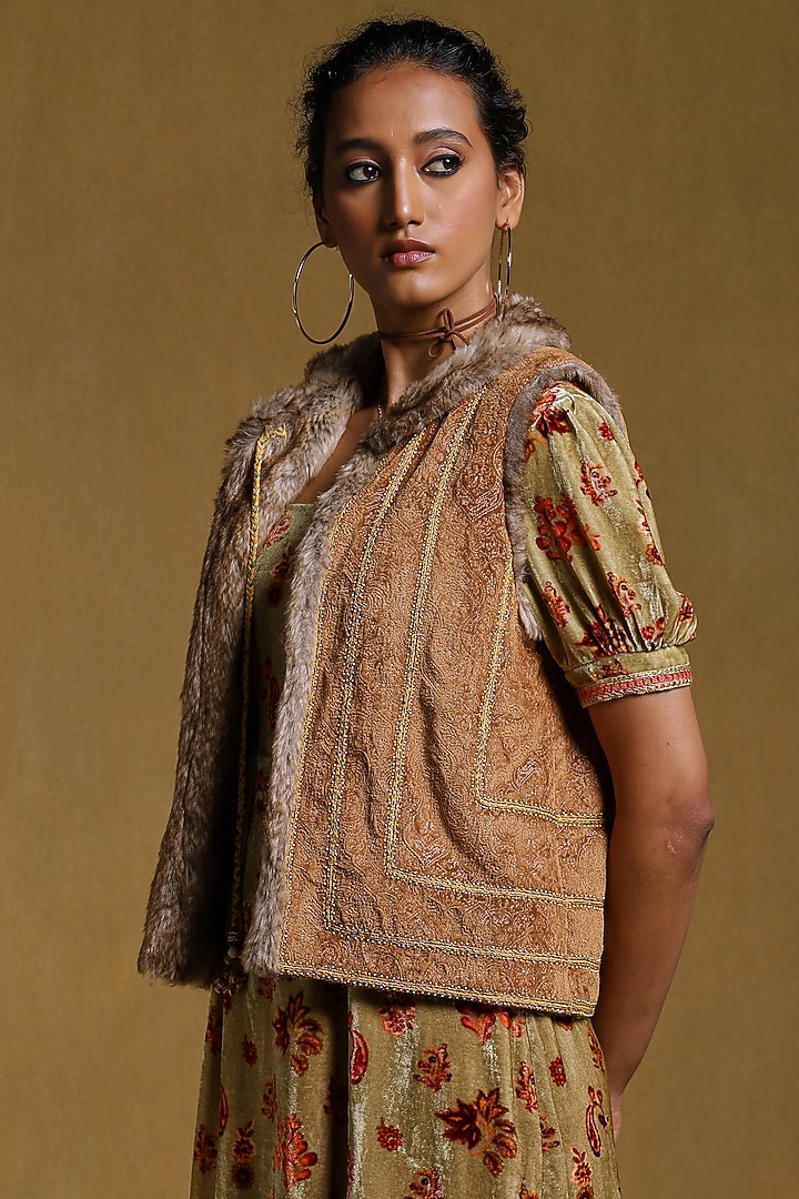 Brown Fur Embroidered Jacket by Ritu Kumar at Pernia's Pop Up Shop