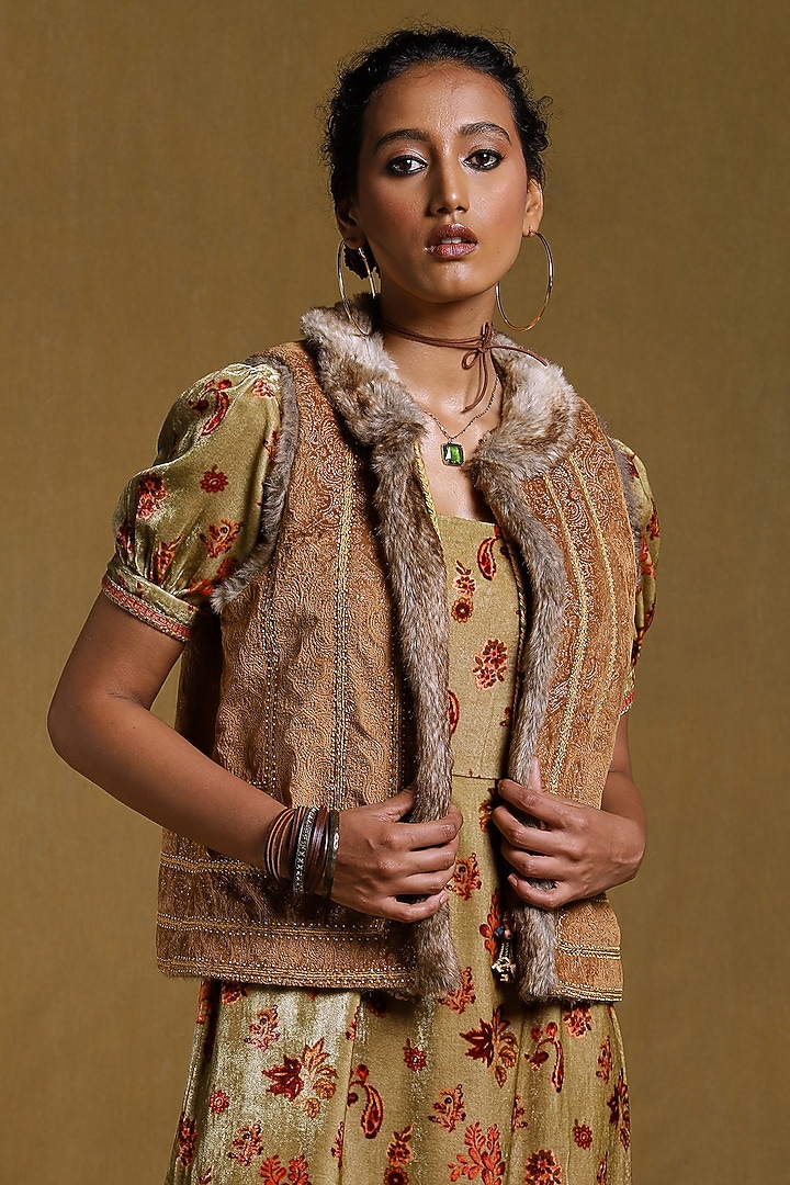 Brown Fur Embroidered Jacket by Ritu Kumar at Pernia's Pop Up Shop