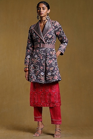 Charcoal Printed Long Jacket by Ritu Kumar