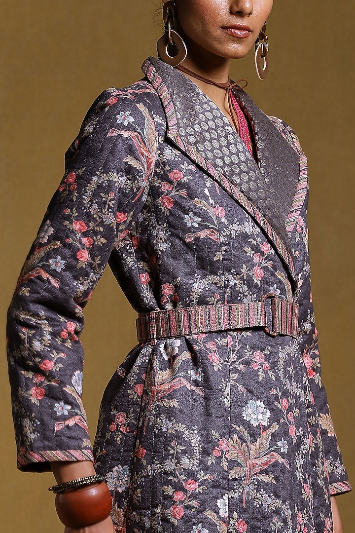 Charcoal Printed Long Jacket by Ritu Kumar at Pernia's Pop Up Shop