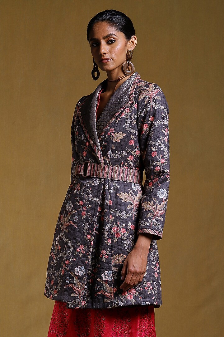 Charcoal Printed Long Jacket by Ritu Kumar at Pernia's Pop Up Shop