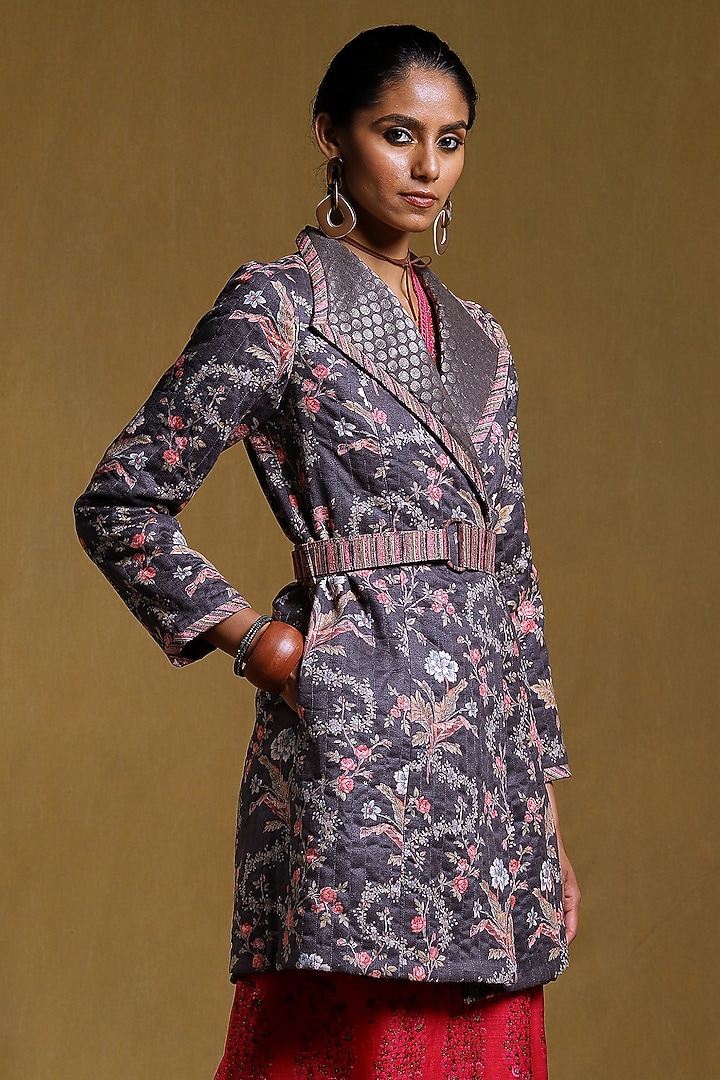 Charcoal Printed Long Jacket by Ritu Kumar at Pernia's Pop Up Shop