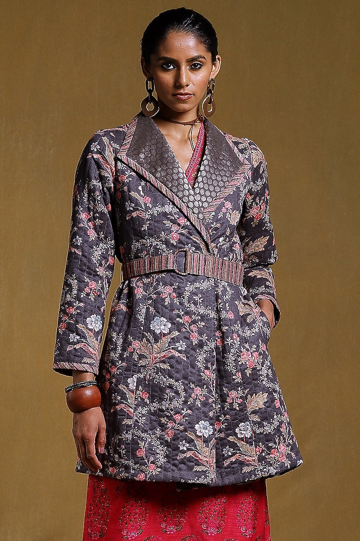 Charcoal Printed Long Jacket by Ritu Kumar at Pernia's Pop Up Shop