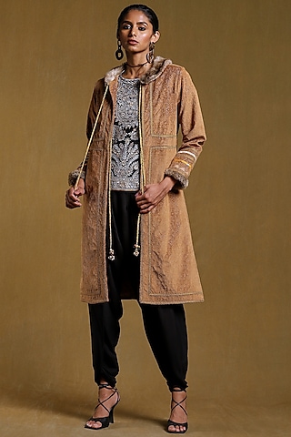 Brown Fur Embroidered Long Jacket by Ritu Kumar