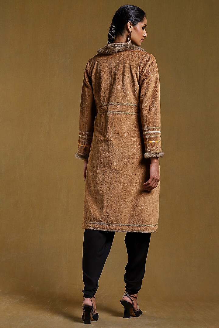 Brown Fur Embroidered Long Jacket by Ritu Kumar at Pernia's Pop Up Shop