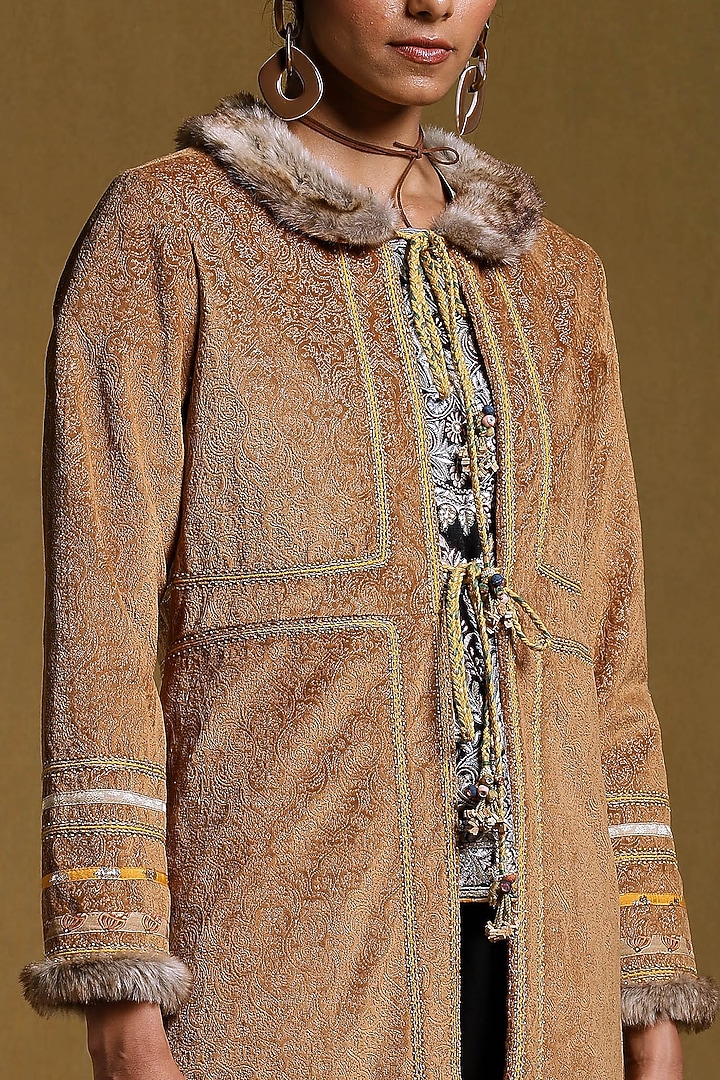 Brown Fur Embroidered Long Jacket by Ritu Kumar at Pernia's Pop Up Shop