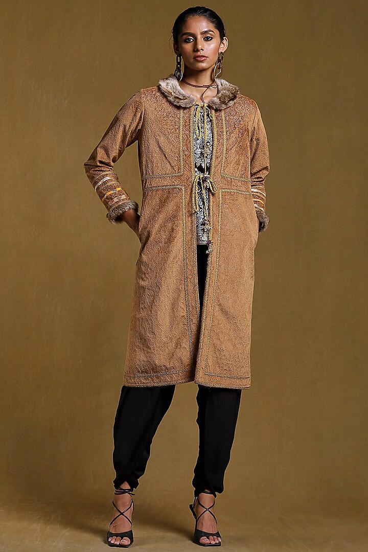 Brown Fur Embroidered Long Jacket by Ritu Kumar at Pernia's Pop Up Shop